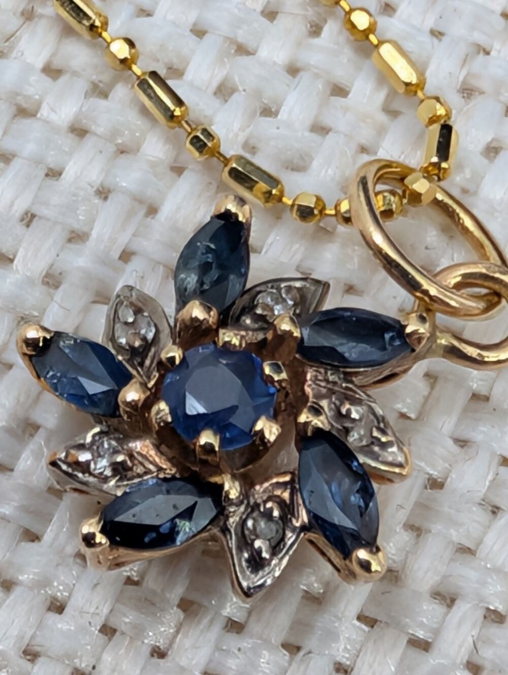 Solid 14K Gold Natural Blue Sapphire & Diamond Flower Pendant Necklace 585 Italy